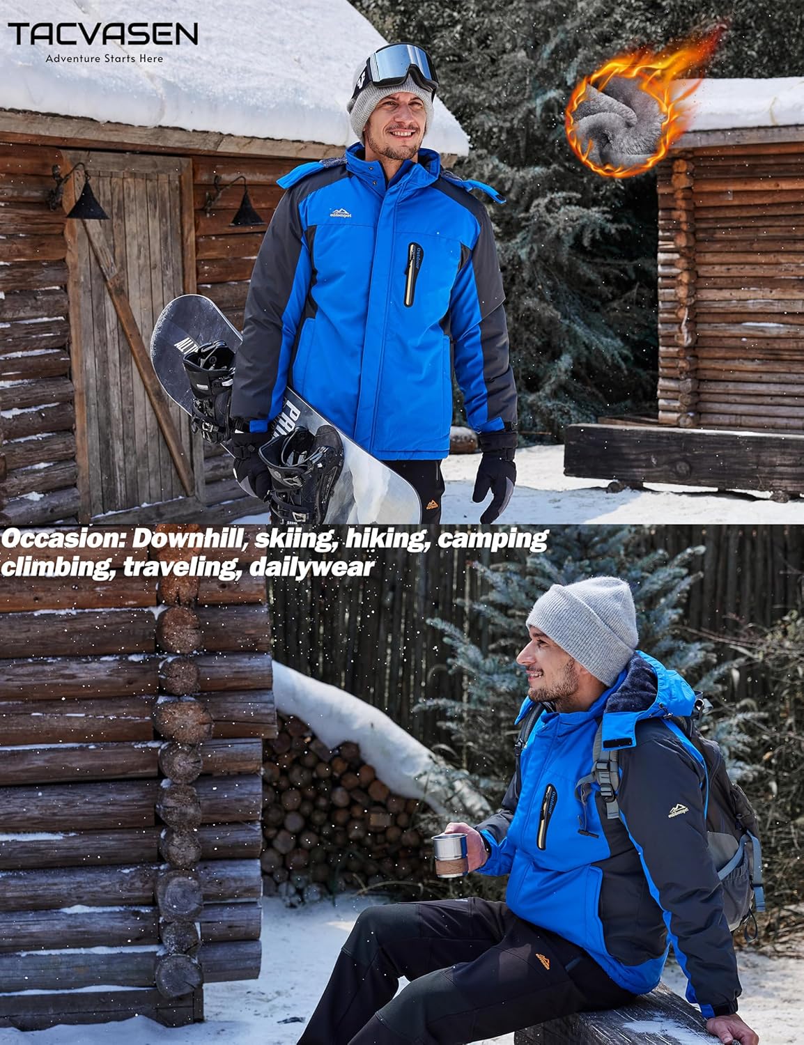TACVASEN Men's Waterproof Hiking Fleece Jacket Warm Outdoor Skiing Ice Skating Hoodie L Black