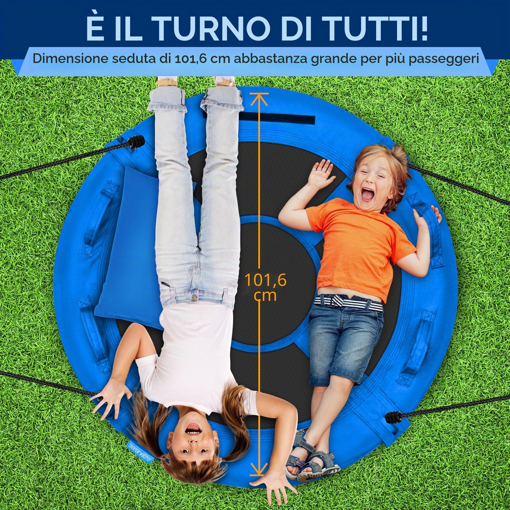 SereneLife Altalena da Giardino per Bambini Rotonda 102 cm con Kit di Fissaggio Universale, Altalena Corde Regolabili e Cuscino per Uso Esterno