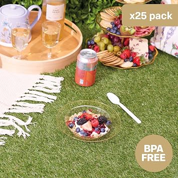 MATANA 25 Premium Clear Hard Plastic Bowls with Gold Glitter, 360ml - Sturdy & Reusable - Soup Bowls, Dessert Bowls for Weddings, Birthdays, Picnic, Buffet, Catering, Parties