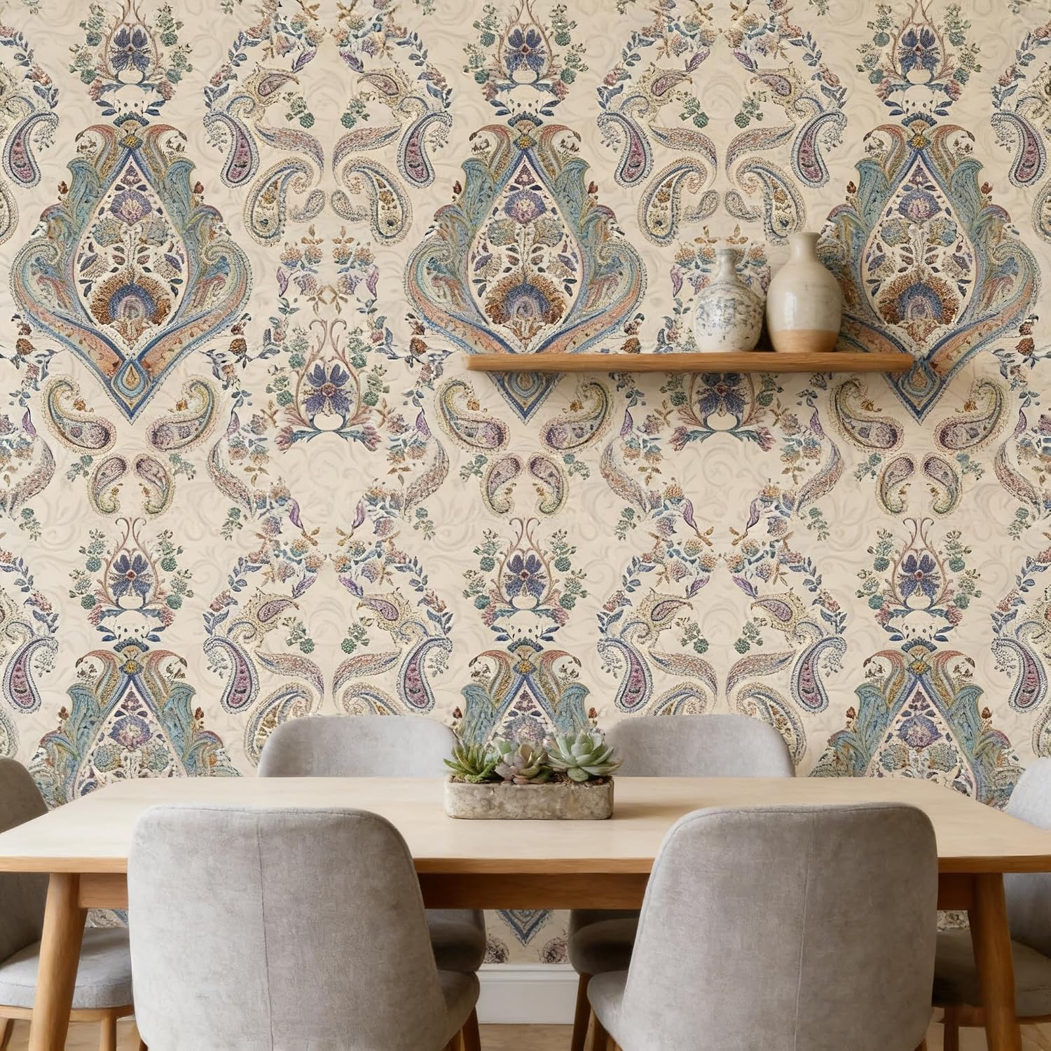 Vintage French Damask Peel and Stick Wallpaper Beige/Blue/Light Green Thickened Removable Self Adhesive Wall Paper Design for Walls Bathroom Bedroom Home Decor 17.7in x 118in Renter Friendly Wallpaper