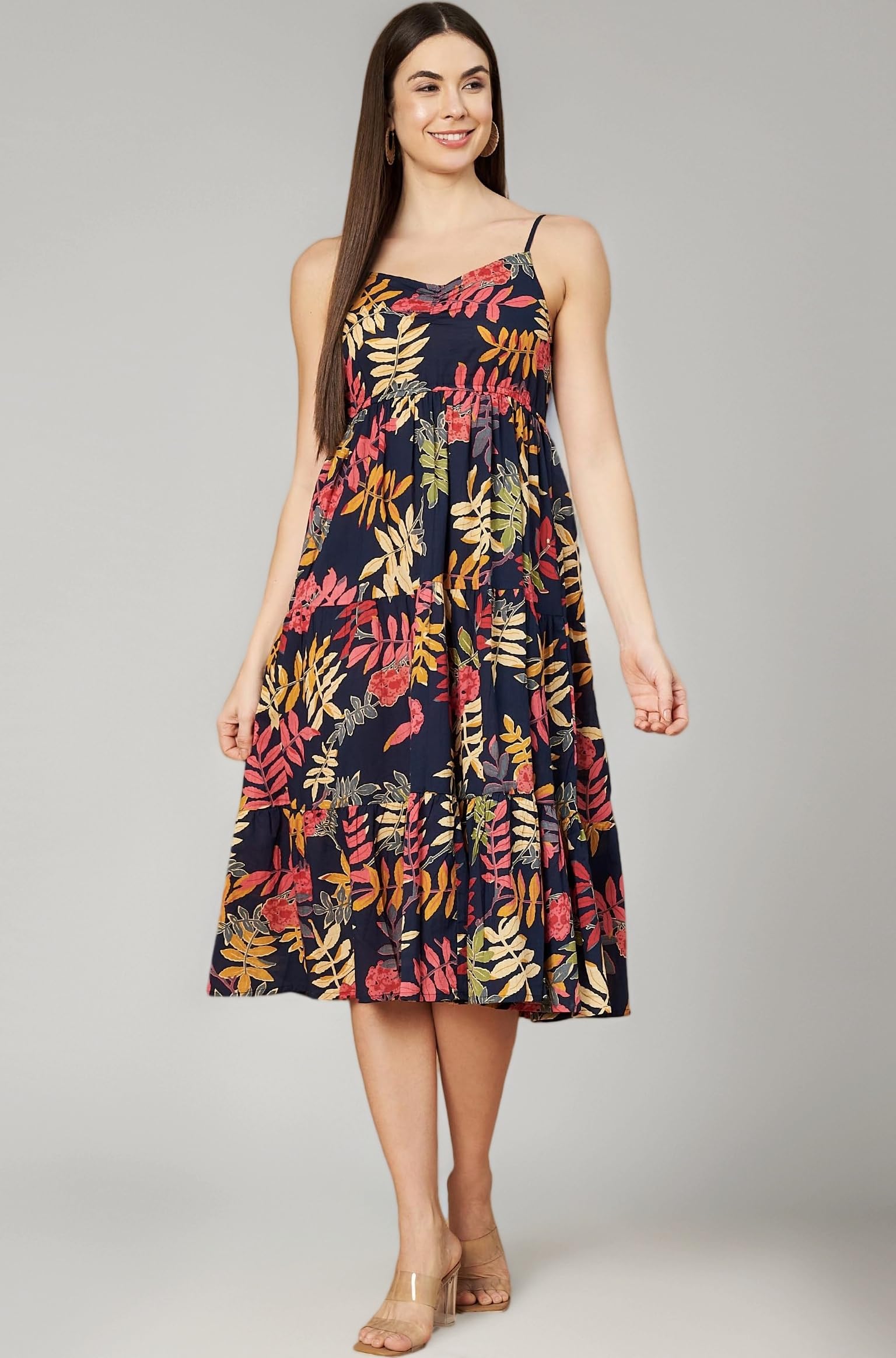 COTLAND Fashions Breathable Cotton Printed A-Line Midi Dress for Women