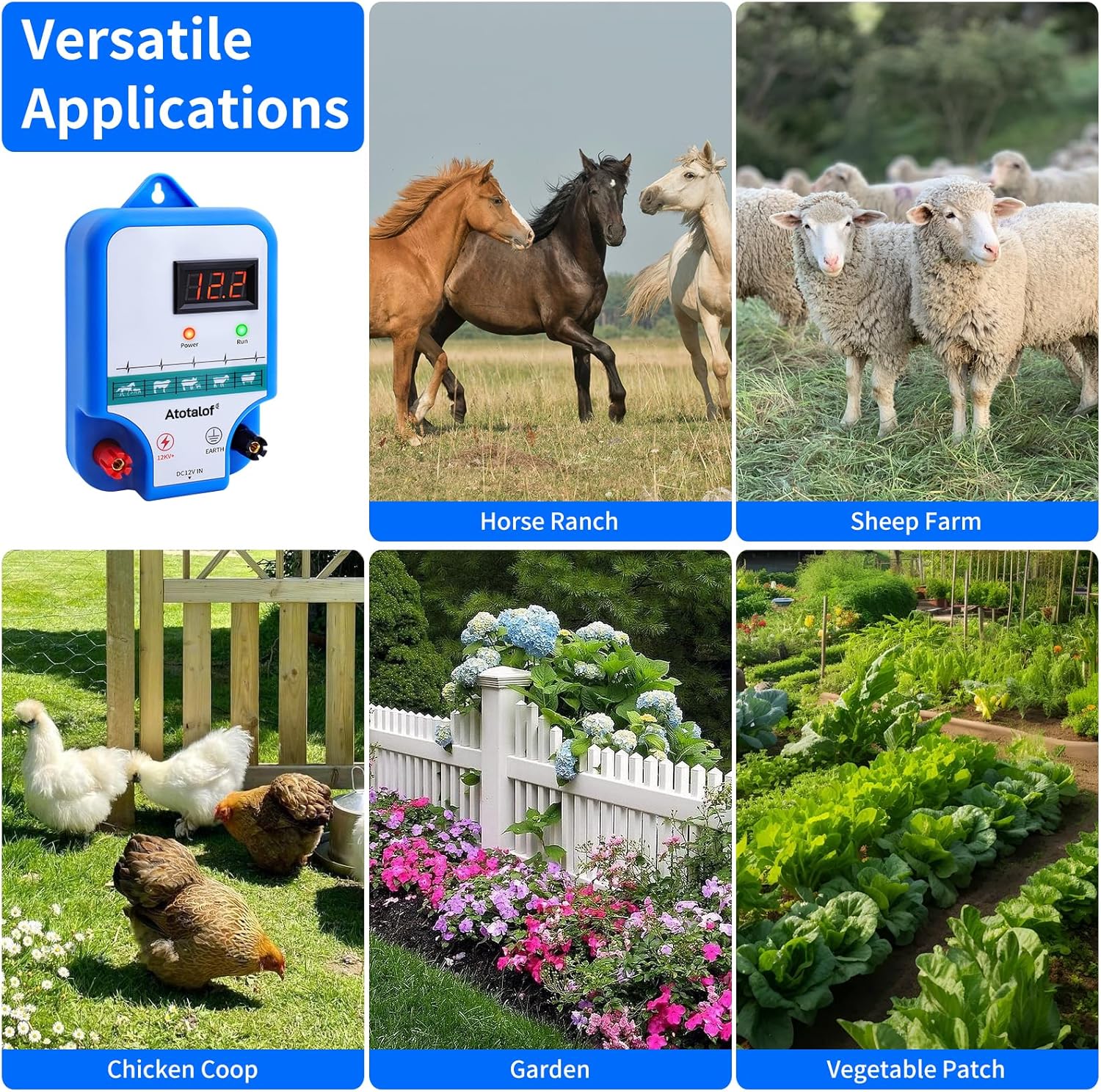 Electric Fence Charger for Livestock - 10 Miles 3 Joule Output Multi Power Electric Fence Controller Livestock Fencing Accessories Kit