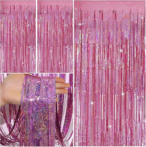 Paquete de 2 telón de fondo rosa para decoración de fiesta, cortina de oropel para fiesta, telón de fondo de papel de aluminio con flecos,