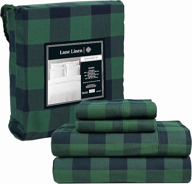 100% Cotton Flannel Sheets Set - Queen Size Flannel Sheets, 4-Piece Luxury Bedding Sets, Lightweight, Brushed for Extra Softness, Warm and Cozy, 16" Deep Pocket - Buffalo Check Green