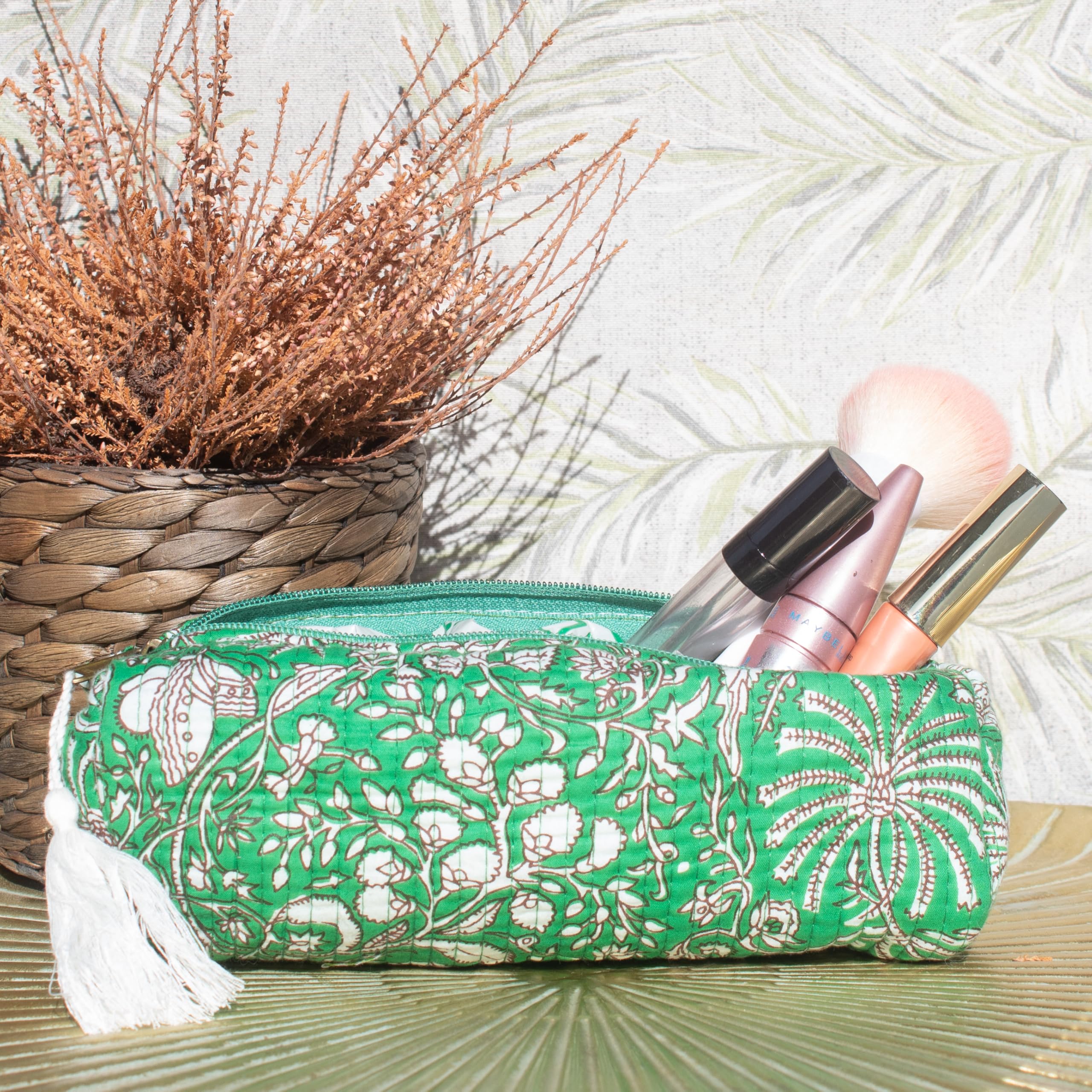 NILUXE DESIGN Estuche de Algodón Acolchado con Cremallera y Flecos - Estampado Variados - Estuche Multiusos - Estuche Maquillaje-Escolar (Ver-Flor)