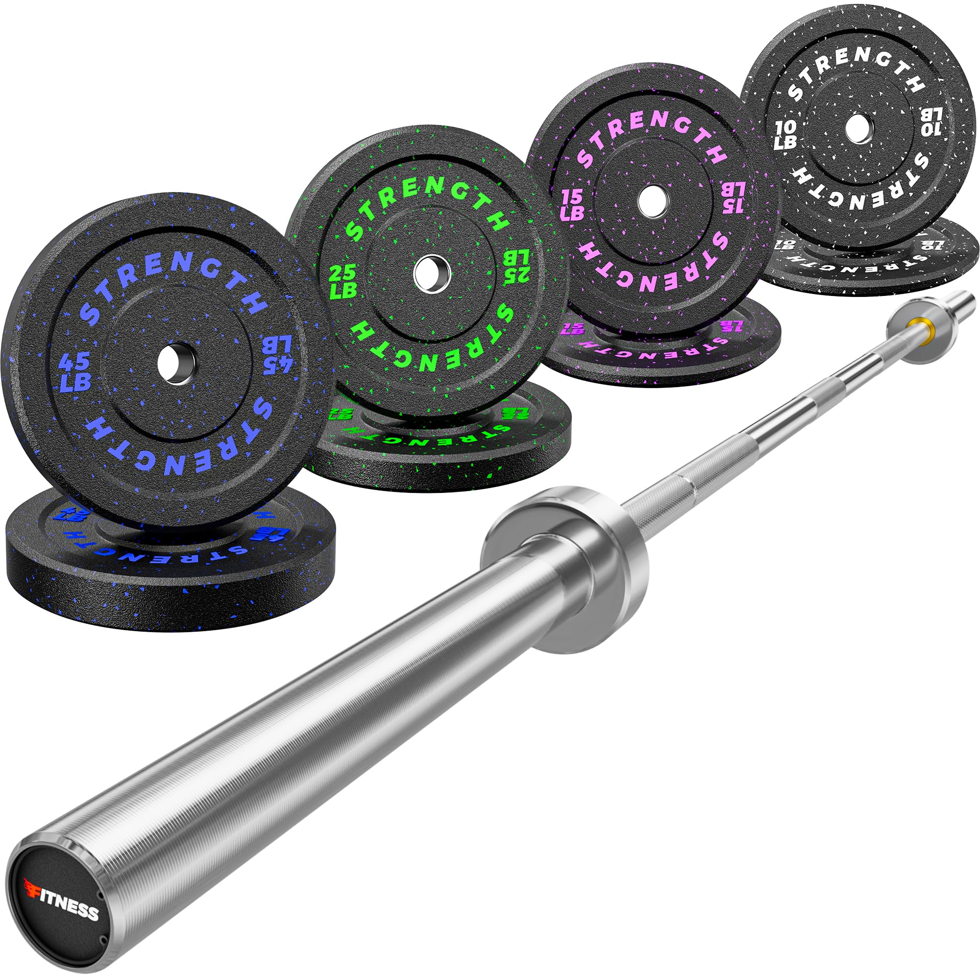 2-Inch Bumper Plates, Barbell Rubber Olympic Weight Plates Set for Home Gym Strength Training, 20-260lbs, Multiple Options (190LB Plate Set & Silver 7FT Weight Bar)