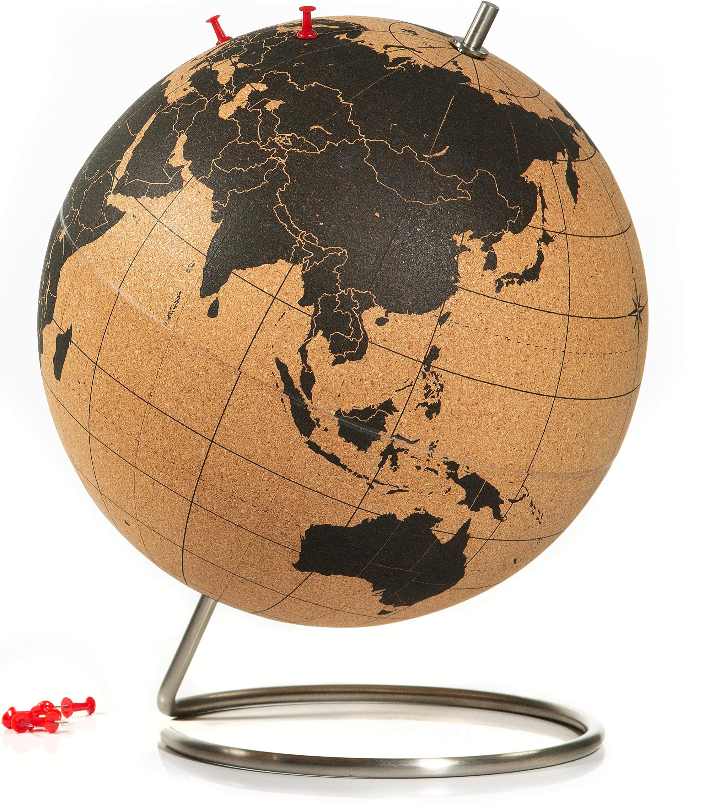 Suck UK Cork Globe | World Map Globe | Interactive Map | Push Pins Included | Desk Accessories | Office Decor | Educational Geography Gifts | Stainless Steel Stand | Desktop Display | Large - 30cm