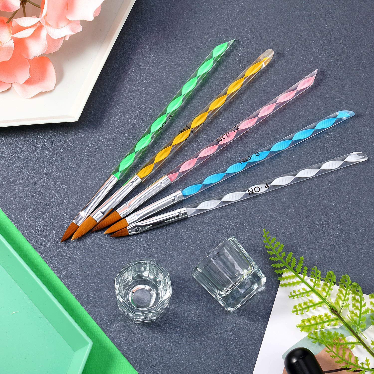 D.B.Z.® 5 Pc Acrylic Brush Design 3D Painting Drawing UV Gel With 2 Pc Nail Art Clear Glass Crystal Cup Bowl Dappen Dishes for Nail Art DIY 1