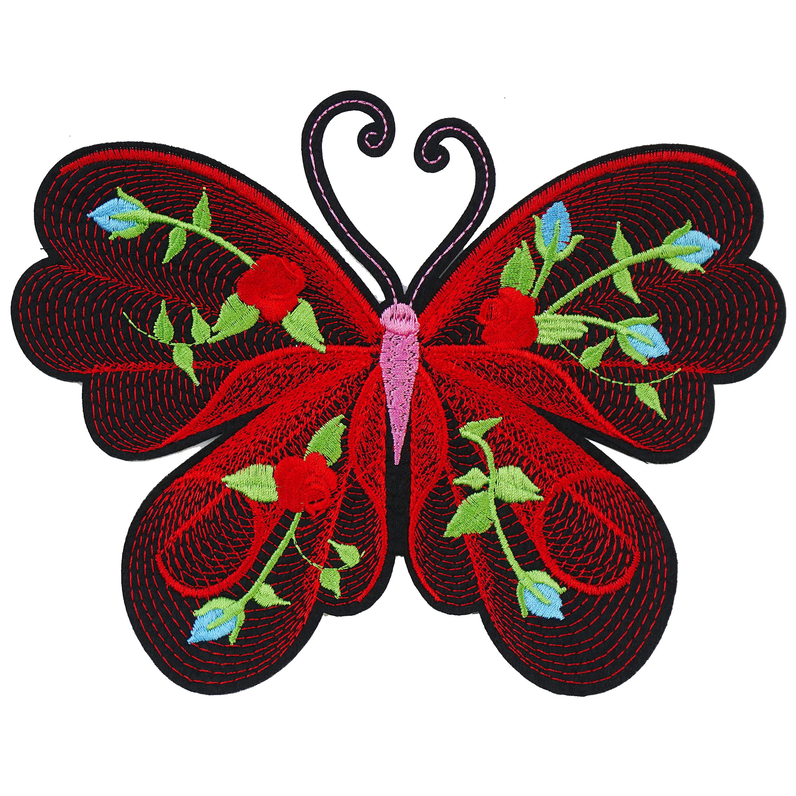 Large 7.5 * 6 inches Red Butterfly Embroidered Iron on Patch Applique Decorative Repair T-Shirt Jean Jacket Clothes DIY (Red)
