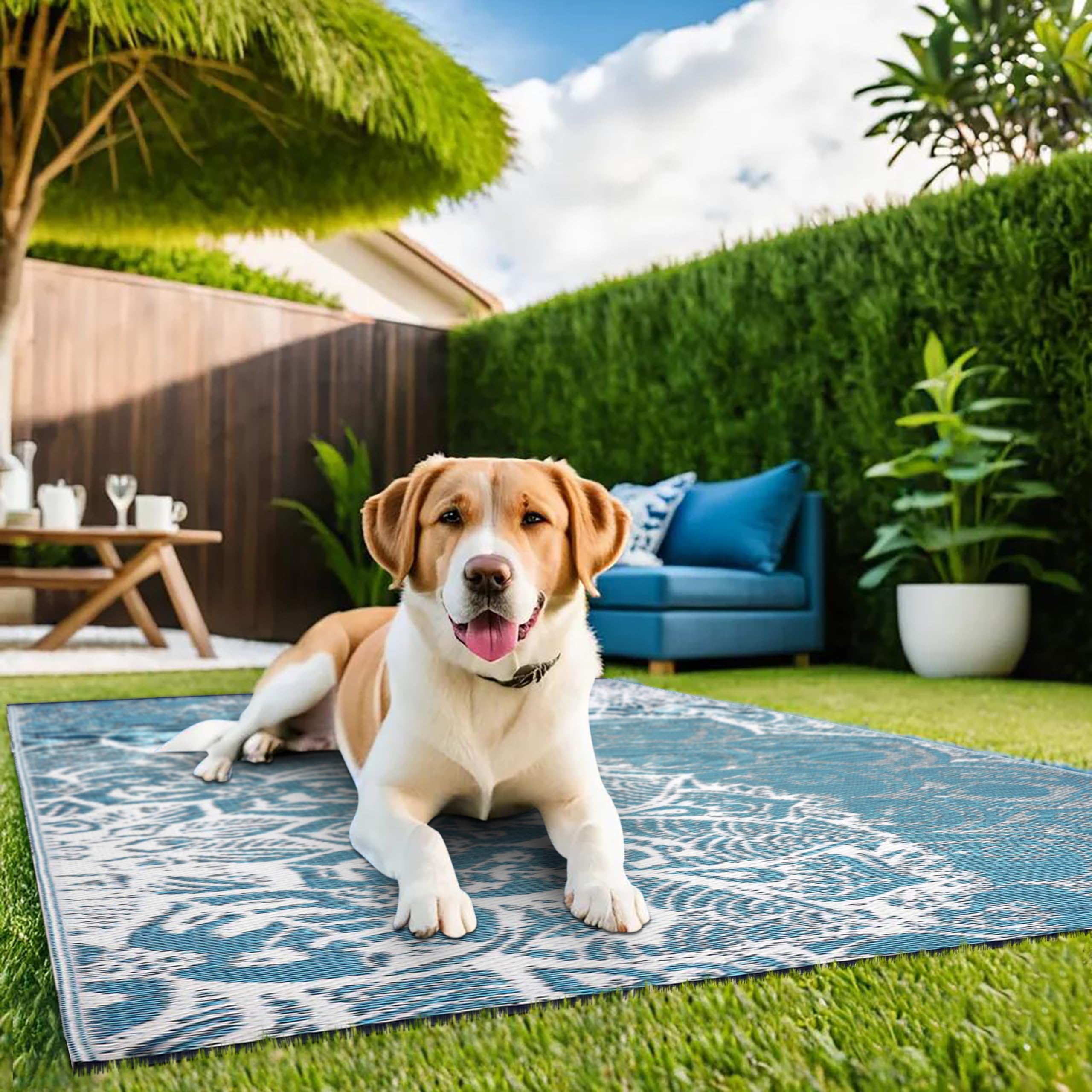 Outdoor Rug - Waterproof, Reversible, Crease Free, Washable, Fade Resistant - Premium Recycled Plastic Rugs for Patio, Porch, Deck, Balcony, Farmhouse - Deniz Teal 5X8 ft Area Rug