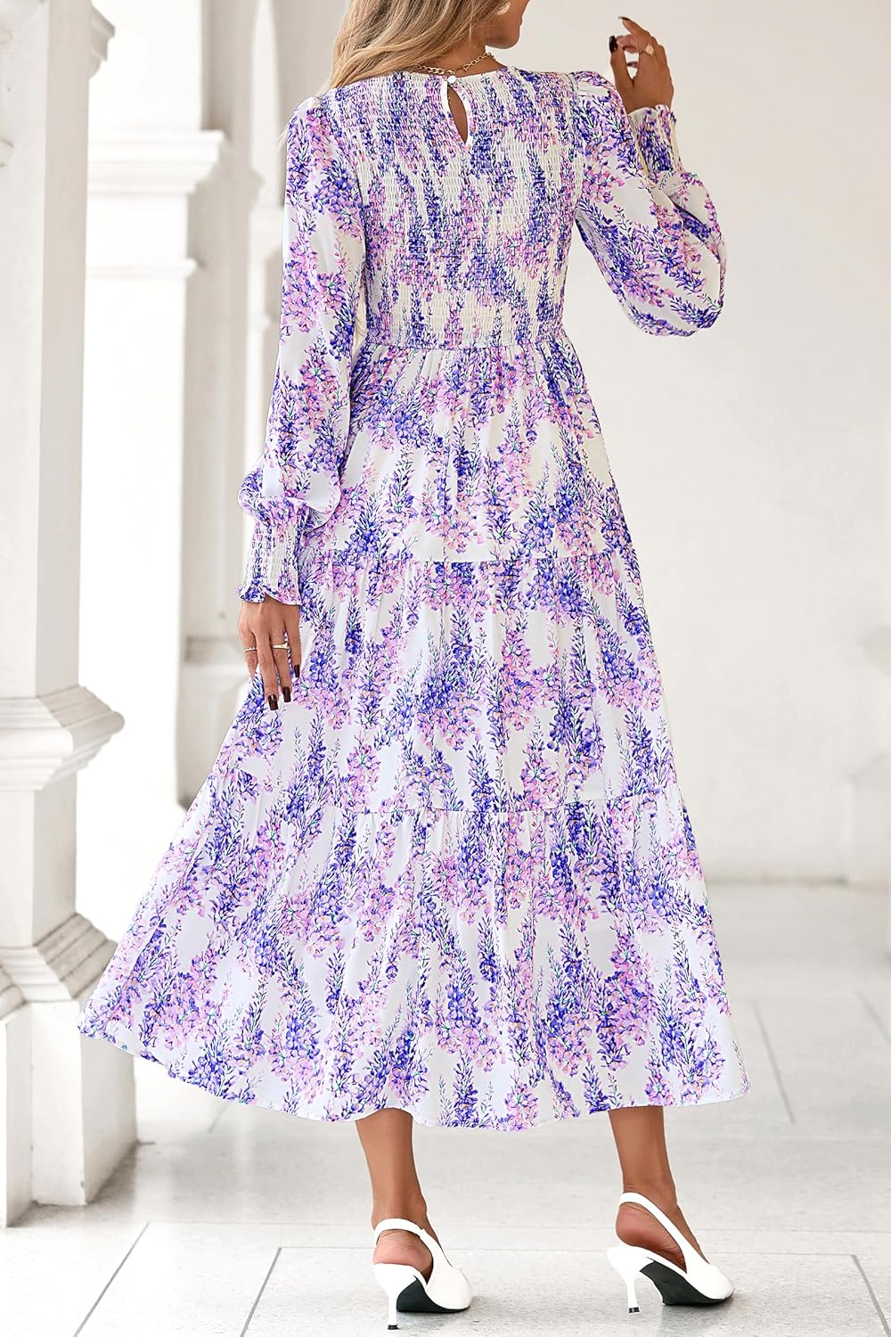 dowerme Maxi Dresses for Women 2026 Long Sleeve Floral Smocked A Line Polka Dot Flowy Boho Vacation Dress Spring Clothes - Image 5