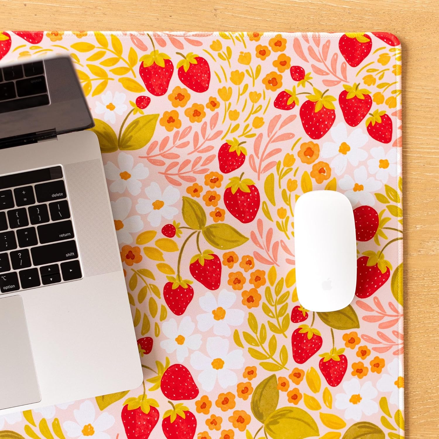 Elyse Breanne Design, Desk Pad Mat for Computer, Keyboard, Mouse, Desktop Protector, Non-Slip Rubber Backing, 15.5 x 35 inch, Large, Strawberry Patch
