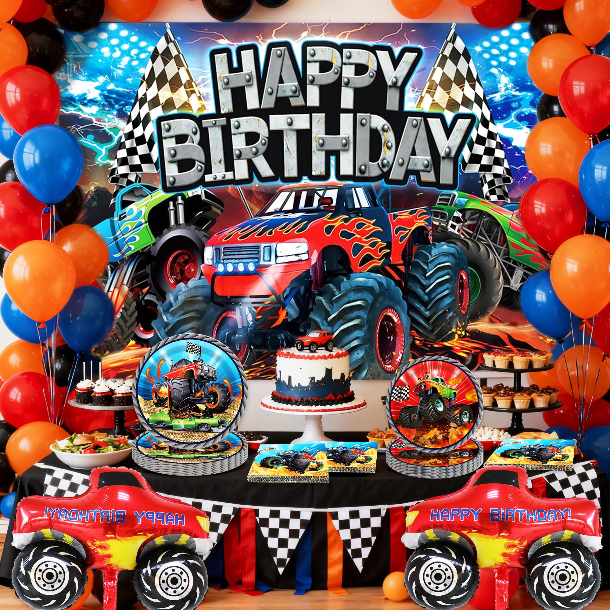 51 piezas decoraciones para fiesta cumpleaños monster truck accesorios para fiesta monster truck fondo platos servilletas globos para 10 invitados