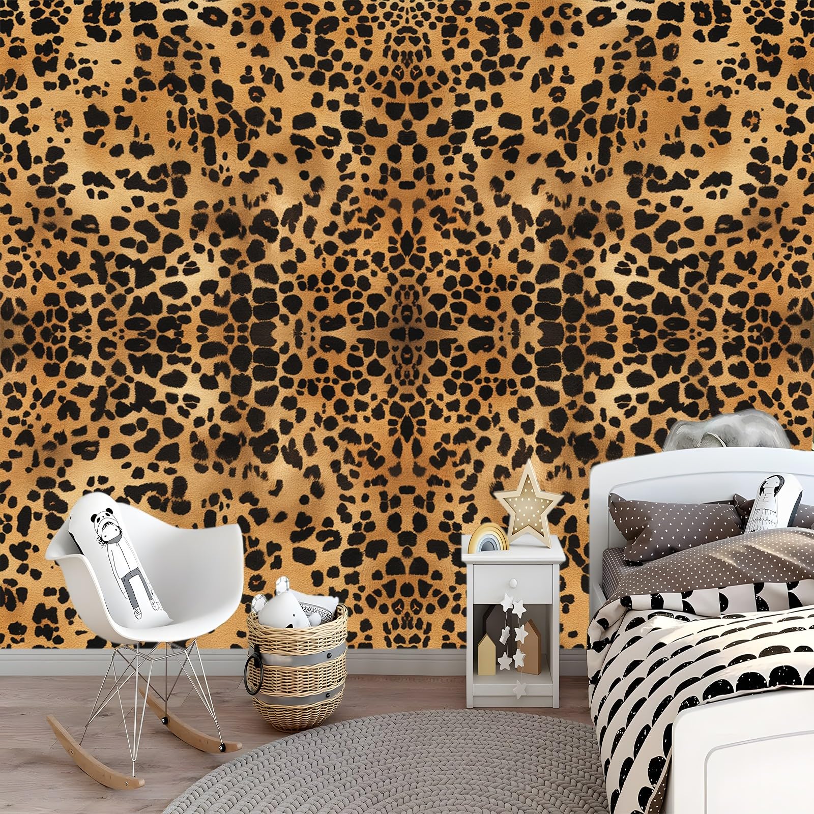 Tapeta 350 x 256 cm, tapeta z włókniny, wzór panterki, nadruk zwierzęcy, wodoodporna, folia ochronna na ścianę, do sypialni, salonu, tapeta ścienna, fototapeta, ciepły brąz, w zestawie poradnik do