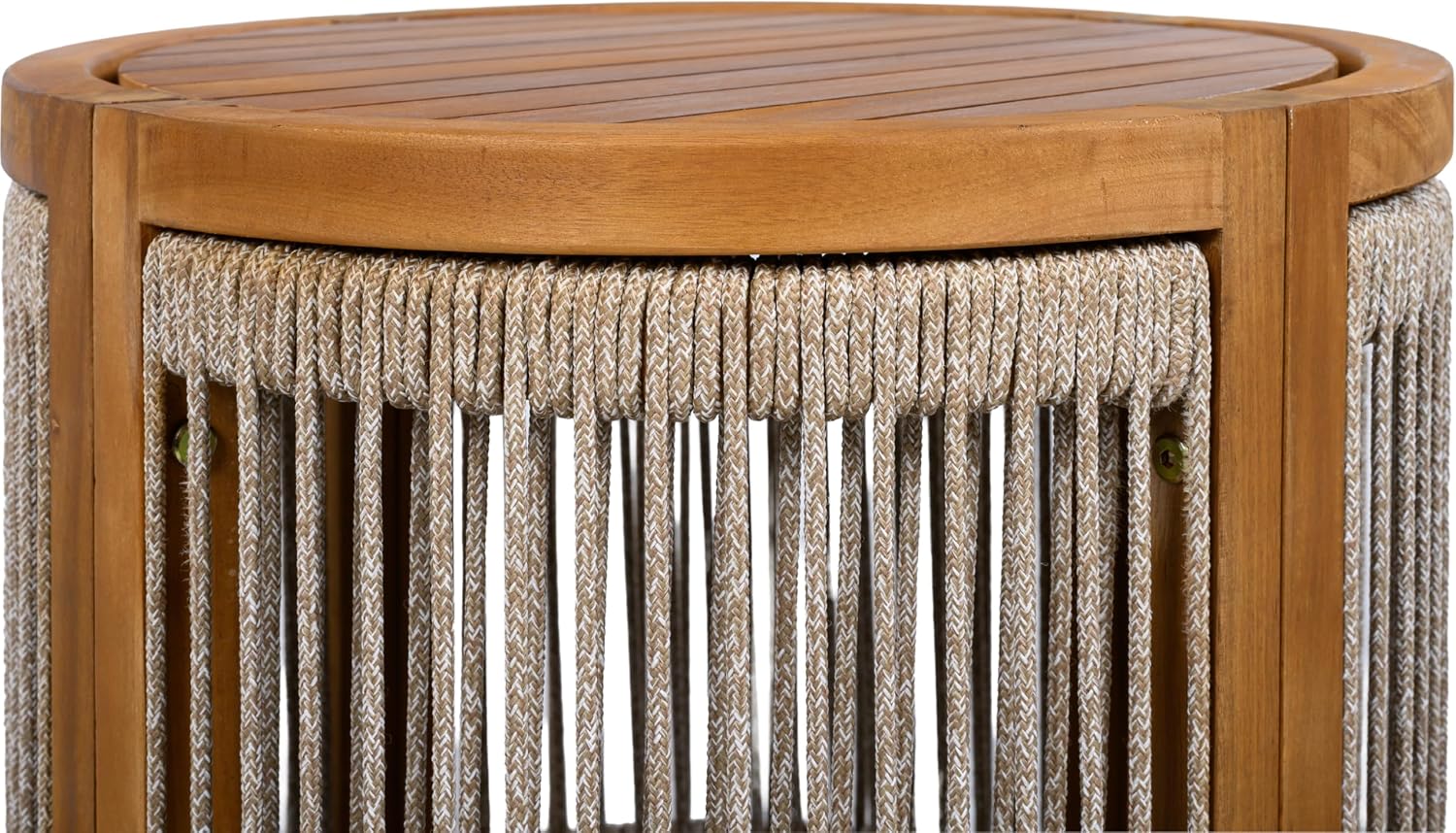 Christopher Knight Home Viktor Acacia Wood Outdoor Side Table, Patio Round Coffee Table with Woven Rope Accents, Table for Patio Furniture Set, Elegant Slatted Design, Weather-Resistant, Teak