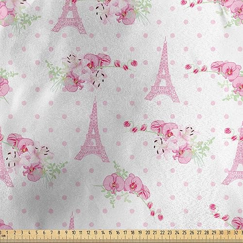 Miniatura 2 de Ambesonne Eiffel Fabric by The Yard, Spring Inspiration Pink Flowers Bouquet and Paris Landmark on Polka Dots, Decorative Satin Fabric for Home