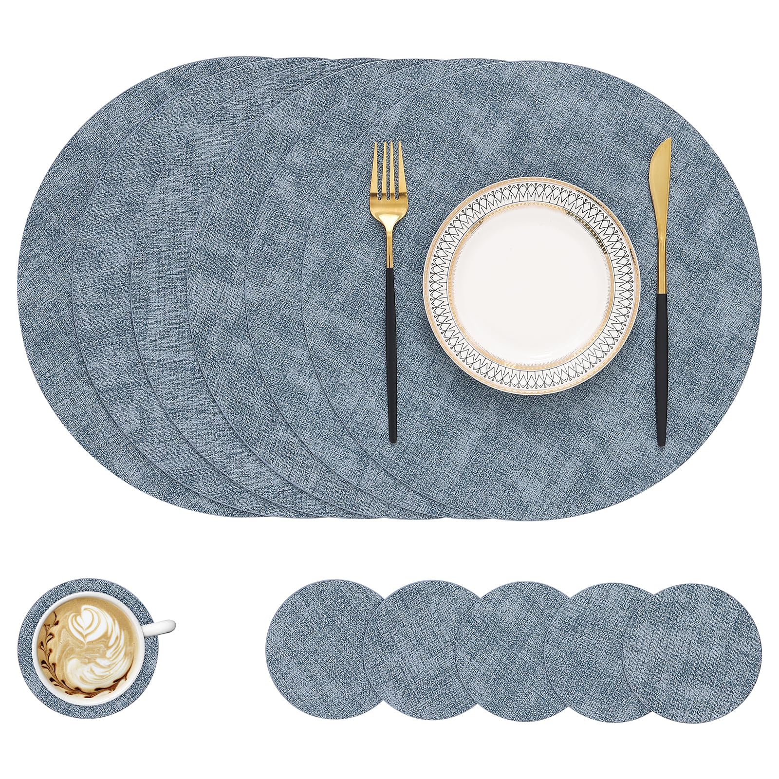 homing Round Faux Leather Placemat and Coaster 6 Packs, Washable Heat Resistant Dining Place Mats, Wipeable Table Mats for Easter, Indoor and Outdoor,
