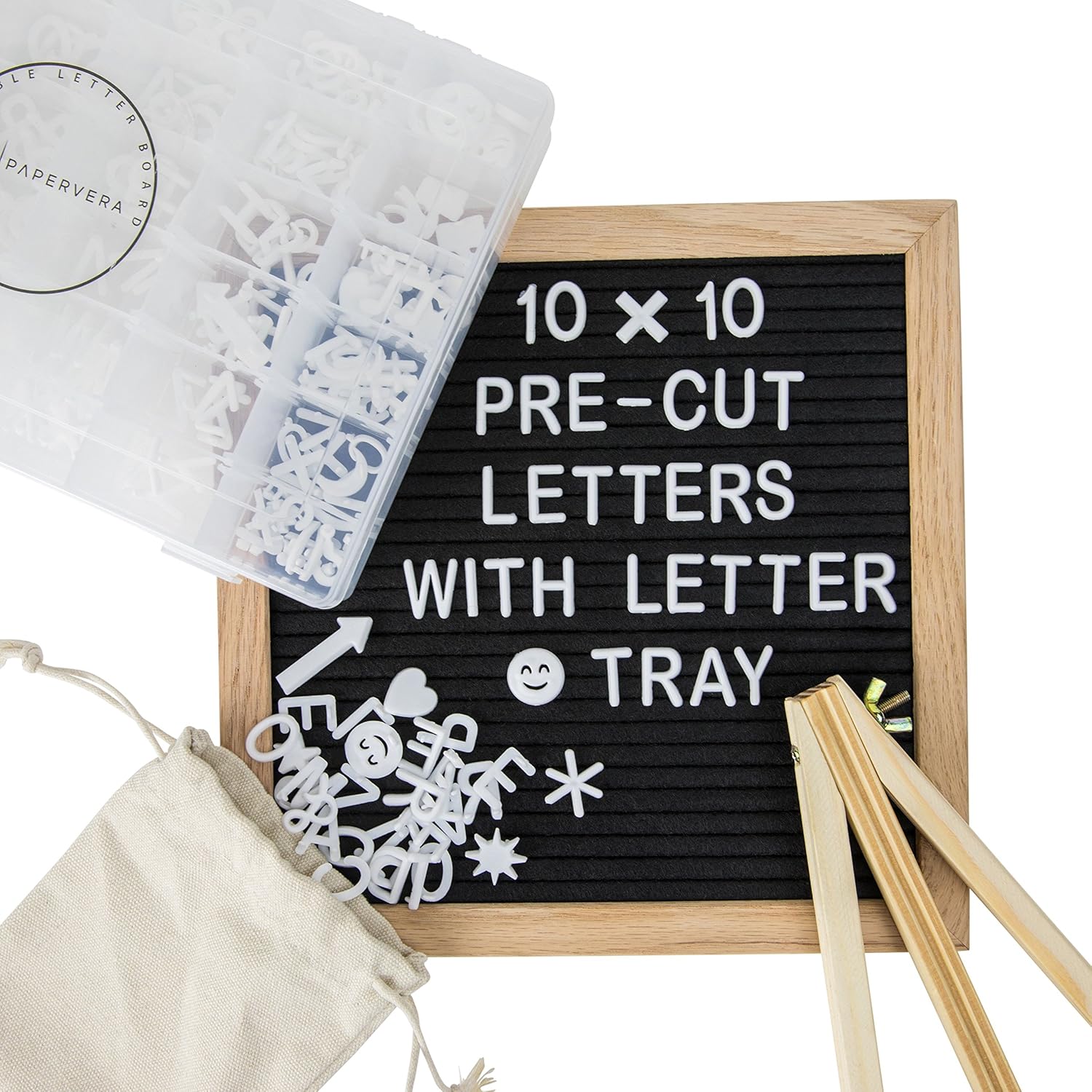 Black Felt Letter Board Set 10X10-346 CLIPPED White Plastic Changeable Letters, Numbers and Symbols- Oak Wooden Frame, Wall Mount, Easel- Bonus Letters Organizer Tray+Letter Pouch|By Papervera