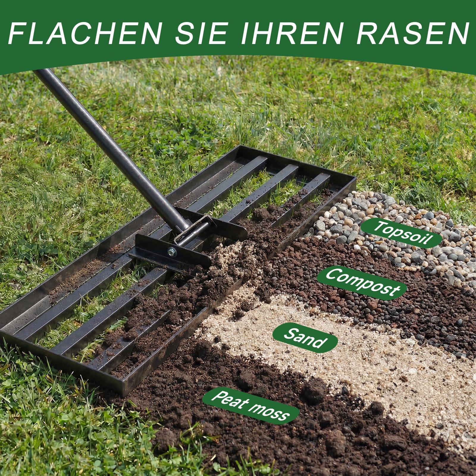 Rasen-Nivellierungsrechen 198cm 76x25cm, verstellbarer Griff 119-198cm, 180° schwenkbarer Kopf, rostbeständiger Stahl