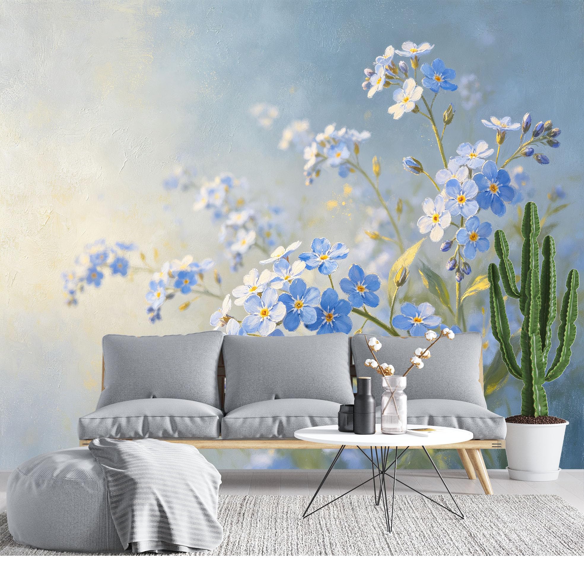 Carta Parati Murale In Seta con Motivo Non Ti Scordar Di Me Ad Acquerello, Grande Stampa Artistica Floreale Blu E Bianca, Sfondo Decorativo per Camera da Letto E Soggiorno, Rivestimento