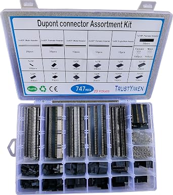 TRUSTYIWE 747PCS Dupont Connector Kit with PCB 2.54mm Pitch Pin Headers1P-12P, Single/Dupont Row Female Housing and Male/Female Pins