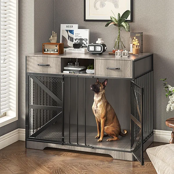 Fatmok 44" Large Dog Crate Furniture, Wooden Heavy Duty Dog Kennel TV Stand with 2 Drawers, Indoor Multi-Functional Decorative XL Furniture for Medium & Large Breeds, Grey