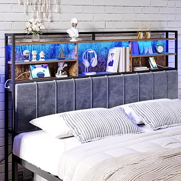 Hzuaneri Headboard with 3-Tier Storage Shelves, King Size | Velvet Upholstered Head Board with 2 Outlets, USB Ports&LED Light, Soft Backrest for Bed Rustic Brown and Black BH19401B