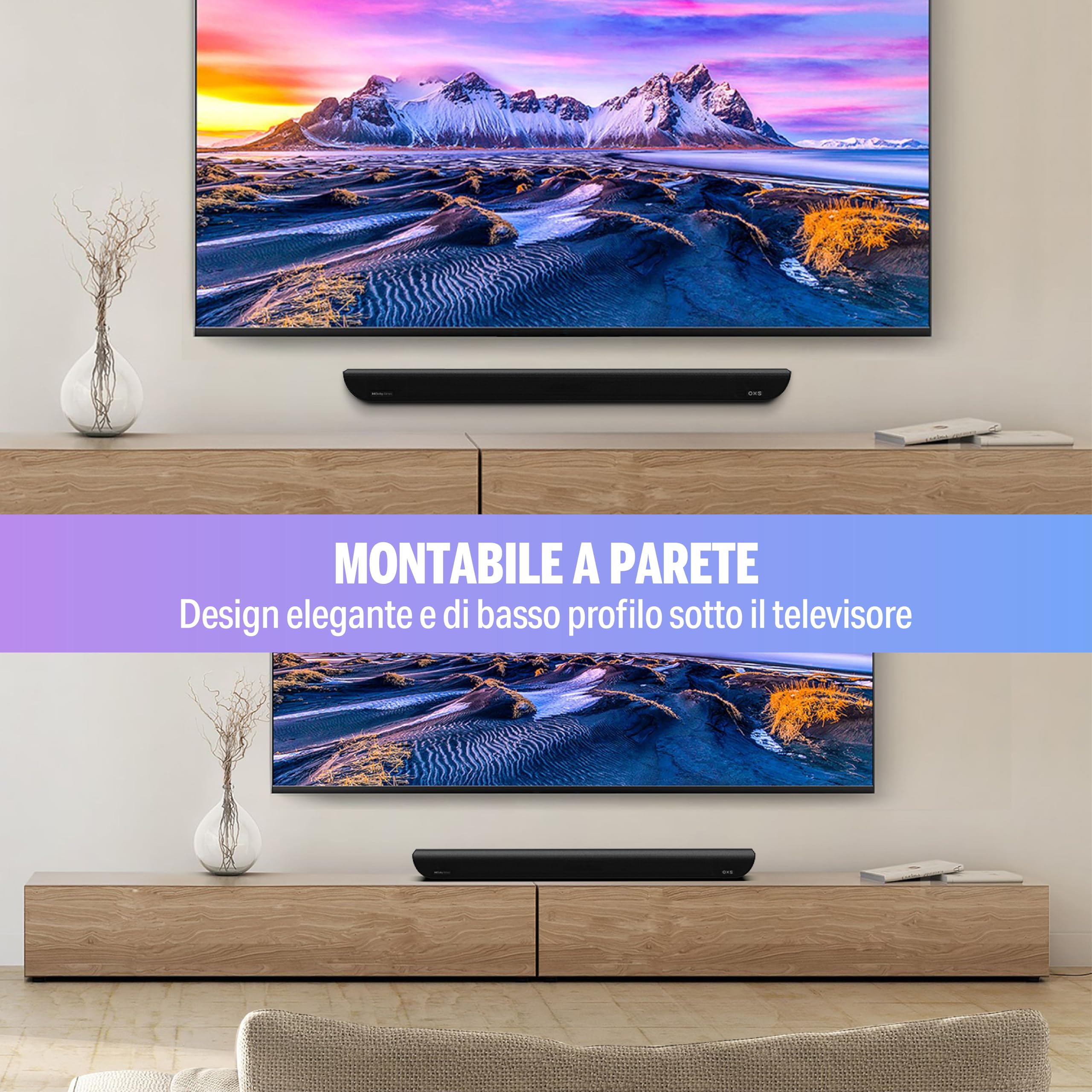 OXS S5 Soundbar 3.1.2 Canali con Dolby Atmos, Subwoofer Incorporato, Bassi Flessibili, Ottimizzazione dei Dialoghi, Connettività Bluetooth 5.0 e HDMI eARC, 5 Modalità Audio, 4K HDR Passthrough