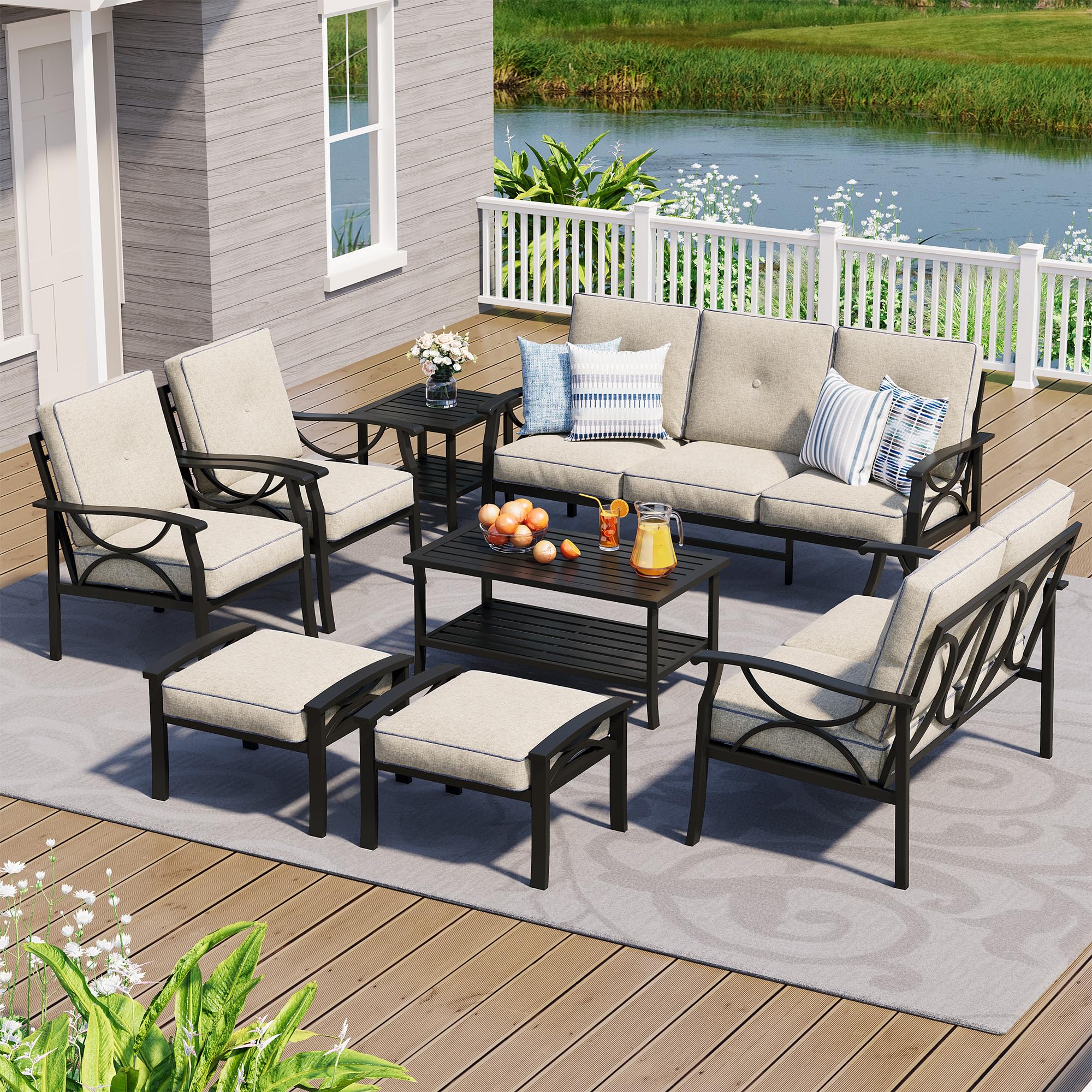 FansaFurn 8-Piece Outdoor Patio Furniture Set, Outdoor Metal Sectional Furniture with Cushions, Outdoor Conversation Seating Set with Side Table for