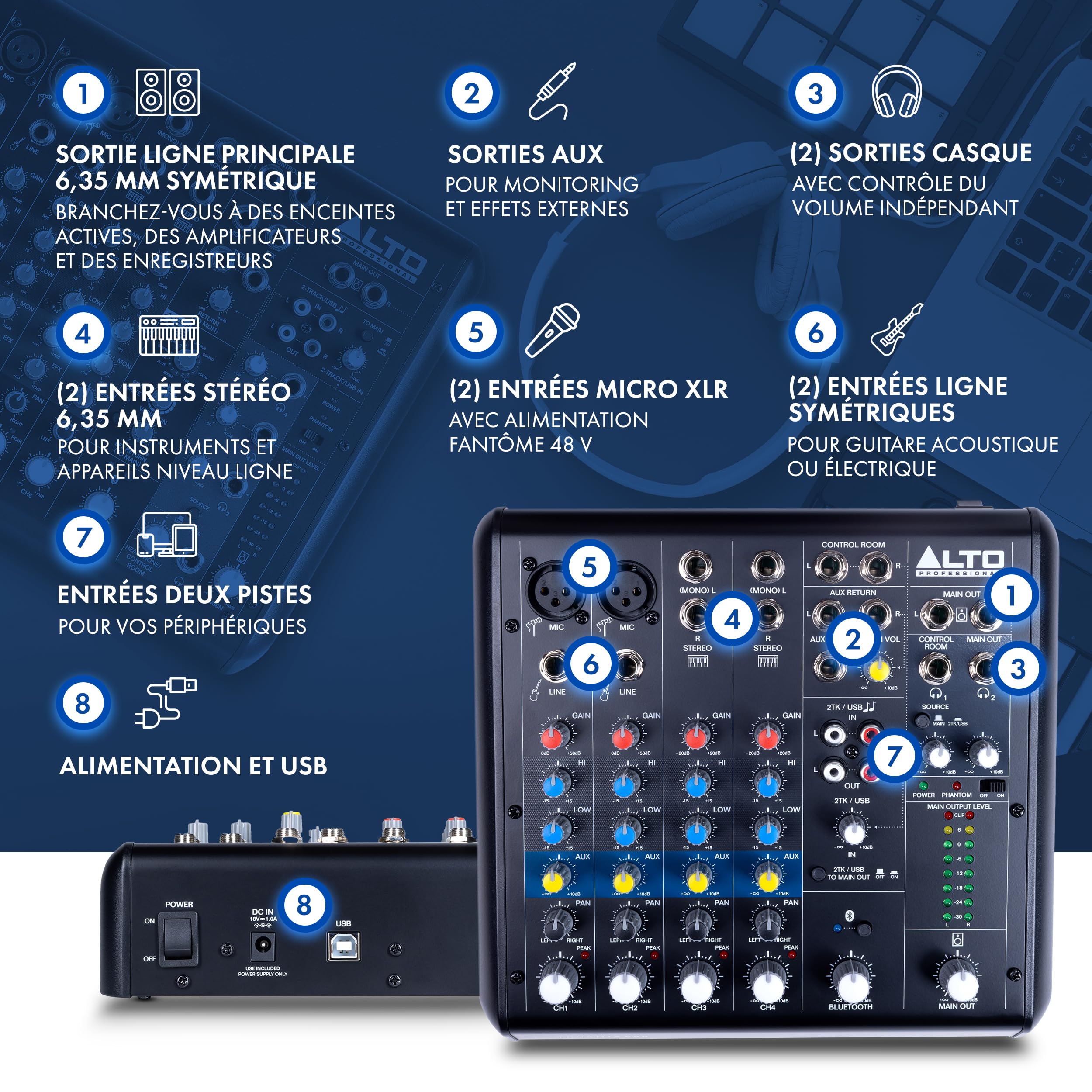 ALTO TrueMix 600 Mixeur Audio avec 2 Entrées Micro XLR, Interface Audio USB et Bluetooth Pour les Podcasts, Concerts, Enregistrements, DJ, Mac et Windows