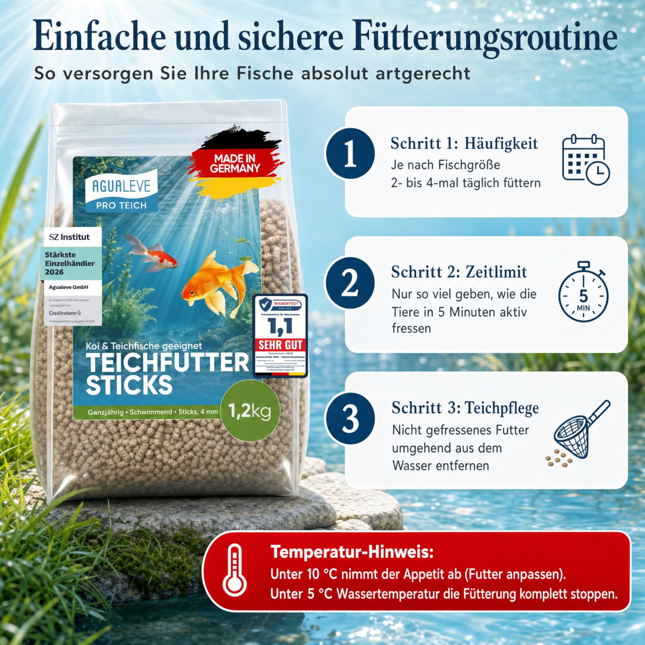 PRO TEICH Teichfutter Sticks 15 L (ca. 1,2 kg) – ganzjährig | schwimmende Sticks 4 mm | Koi & Teichfische | gut sichtbar | Weizenkeim, ausgewogene Nährstoffbasis | Made in Germany