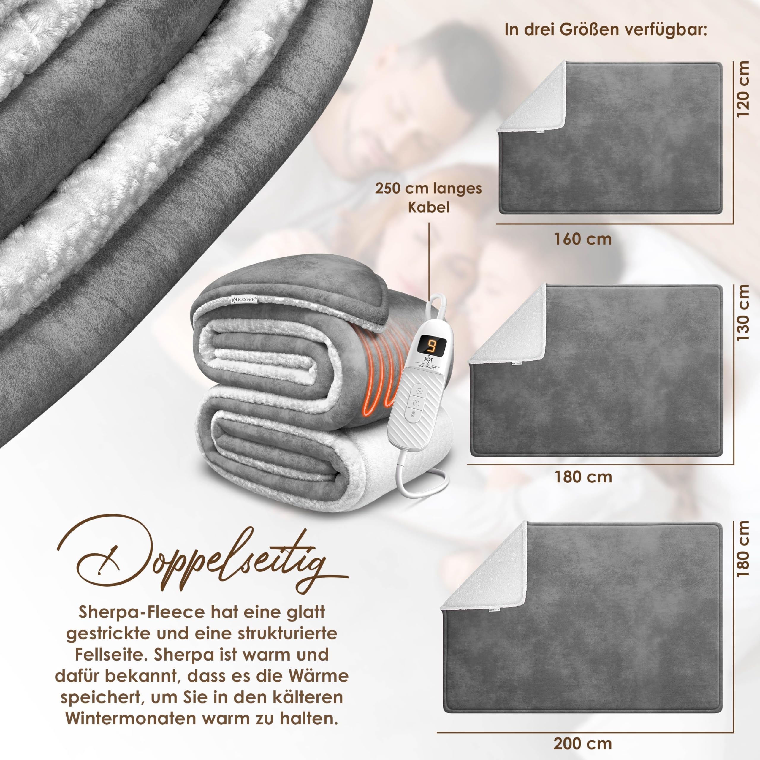KESSER® Coperta elettrica con spegnimento automatico, 200 x 180 cm, doppia faccia, coperta elettrica per letto, divano, 9 livelli di temperatura, lavabile fino a 40 °C, con timer digitale, colore