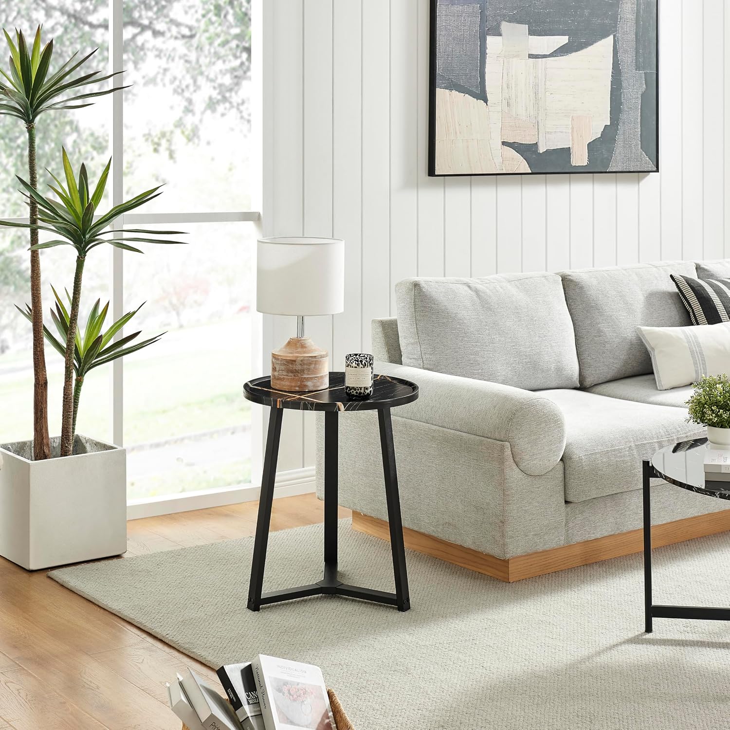 Harper Round Raised Lip Edge Side Accent Table with Mid-Century Modern Crossed Metal Bold Pedestal Legs (Black Marble/Black)