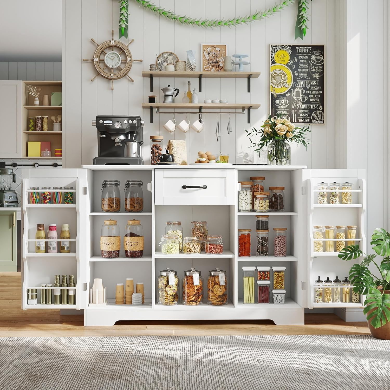 Gizoon 45" Kitchen Sideboard Buffet Cabinet with Storage Coffee Bar Cabinet with Drawer, Kitchen Pantry Storage with Door and Shelves for Bathroom and Living Room, White