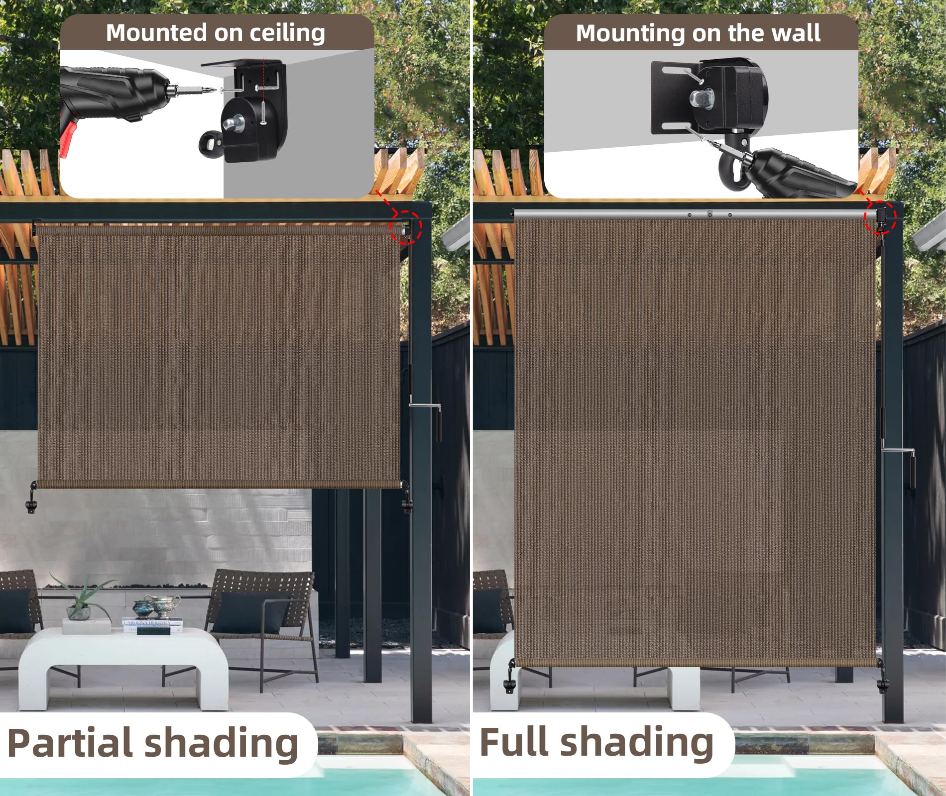 NOVINO Outdoor Roller Shade,Patio Blind Roll Up Shade Exterior Cordless-10'W x 8 — product photo