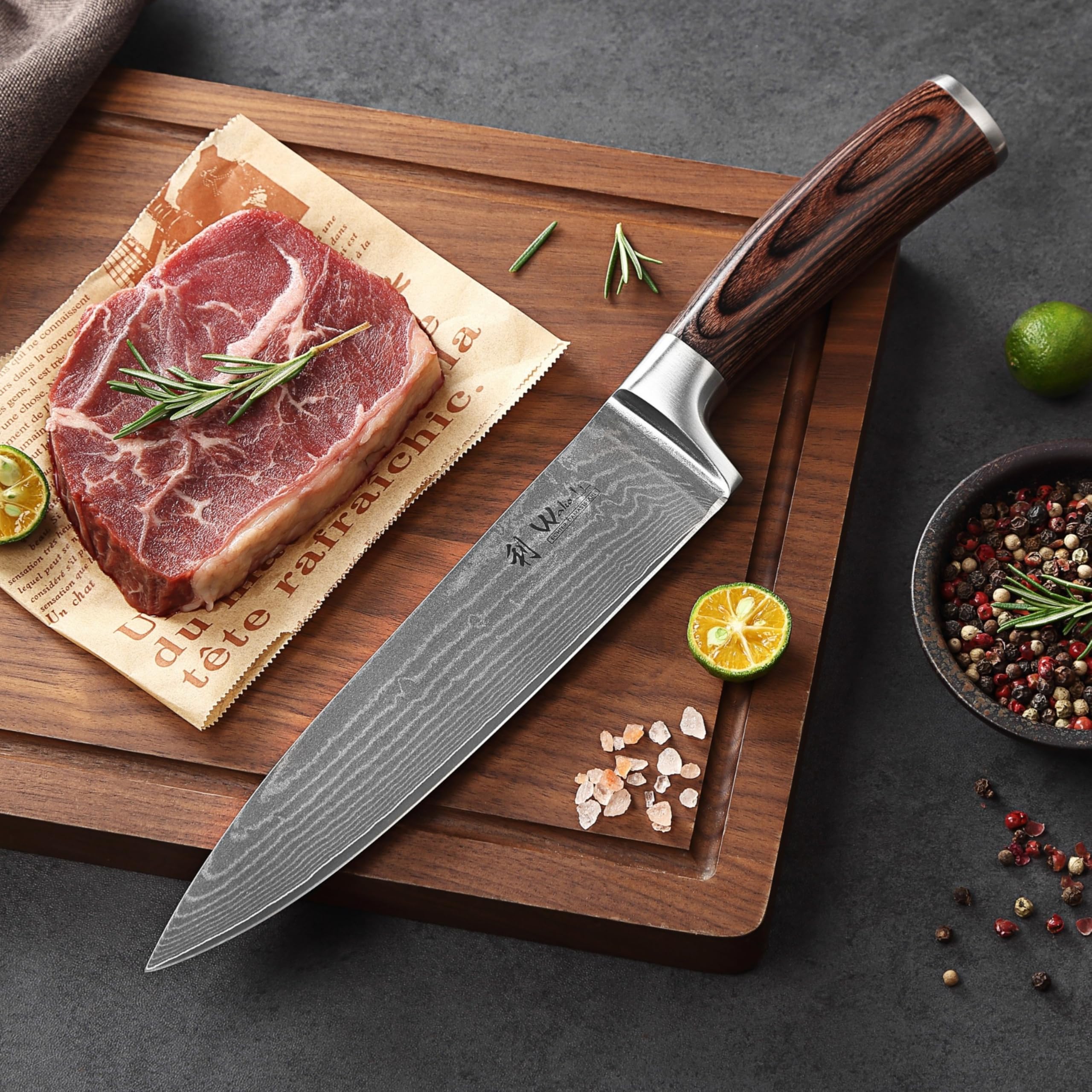 WAKOLI EDIB cuchillo de chef de 20 cm en acero de damasco de 67 capas con núcleo VG10, para carne, pescado, verduras y hierbas, mango de madera Pakka, caja de regalo | para la cocina profesional, con hoja afilada de 67 capas y núcleo VG10, proporcionando