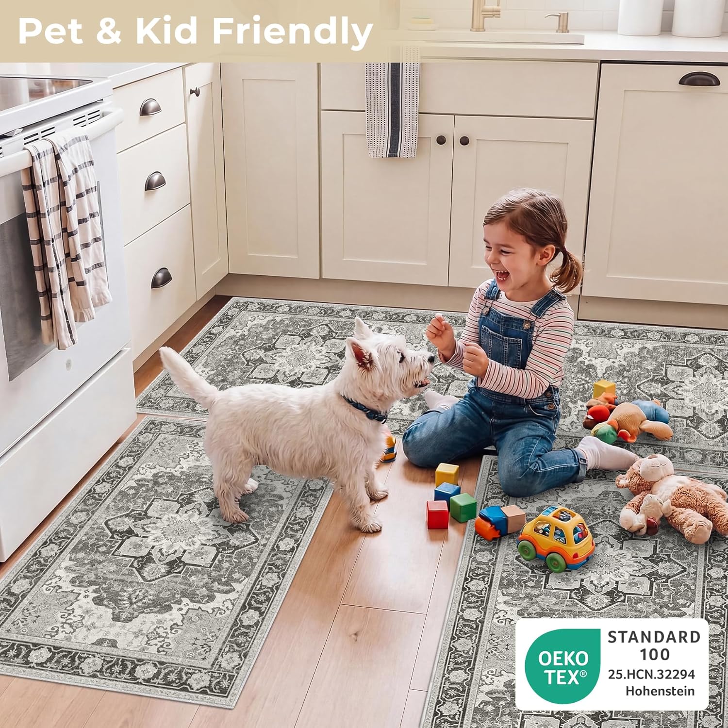 Kitchen Rugs Sets 3 Piece with Runner, Washable Non Slip Soft Boho Kitchen Mats, Low Pile Stain Resistant Carpet for Hallway, Laundry Room, Entryway (20"x32"+20"x48"+20"x59", Gray)