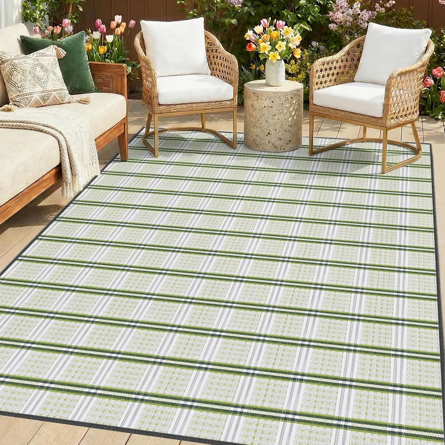 KANAGAWA Outdoor Rug Waterproof, 8x10 ft Reversible Plastic Straw Braid Rug Outdoor Carpet RV Mat for Patio, Porch, Picnic, Balcony, Deck, Backyard, Green & White