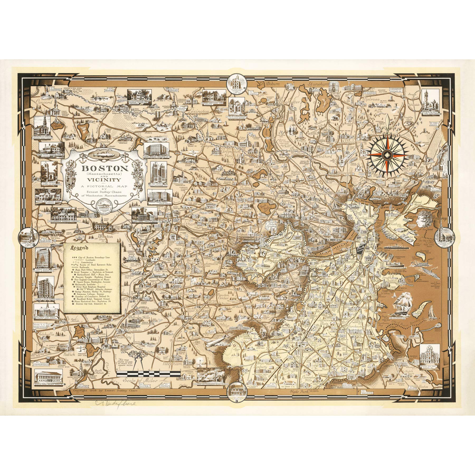 Artery8 Map Ernest Dudley Chase 1938 Boston Ma Pictorial Premium Wall Art Canvas Print 18X24 Inch