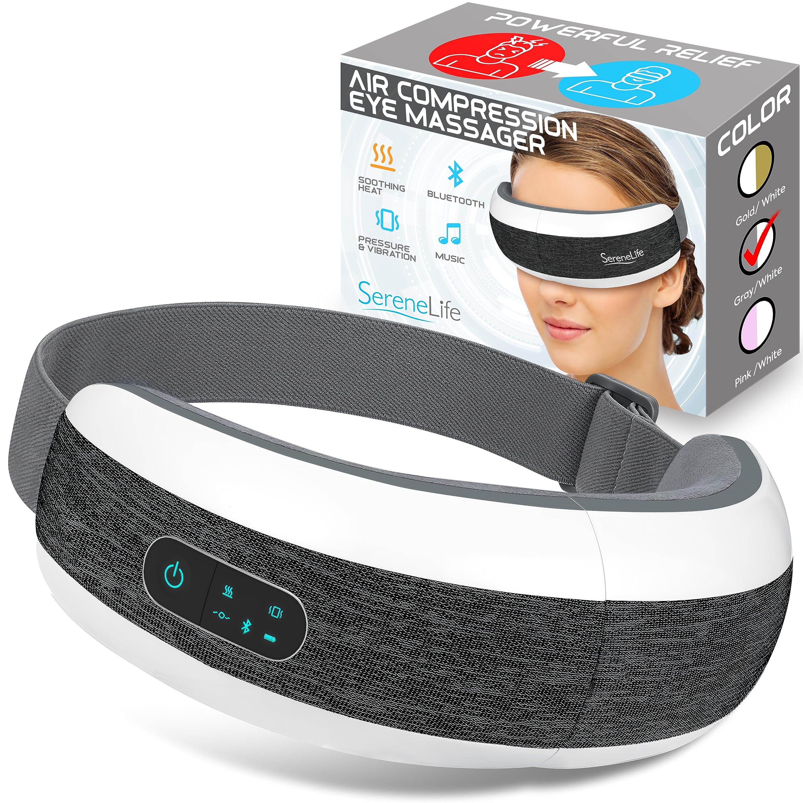 SereneLife Stress Therapy Electric Eye Massager, Vibration Massage Eye Relief, Wireless Digital Mask Machine w/Soothing Music and Relaxing Heat