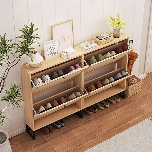 Vista 16 de Armario estrecho de almacenamiento de zapatos con 3 cajones abatibles, armario de madera para zapatos con cajón de puertas de lino, organizador