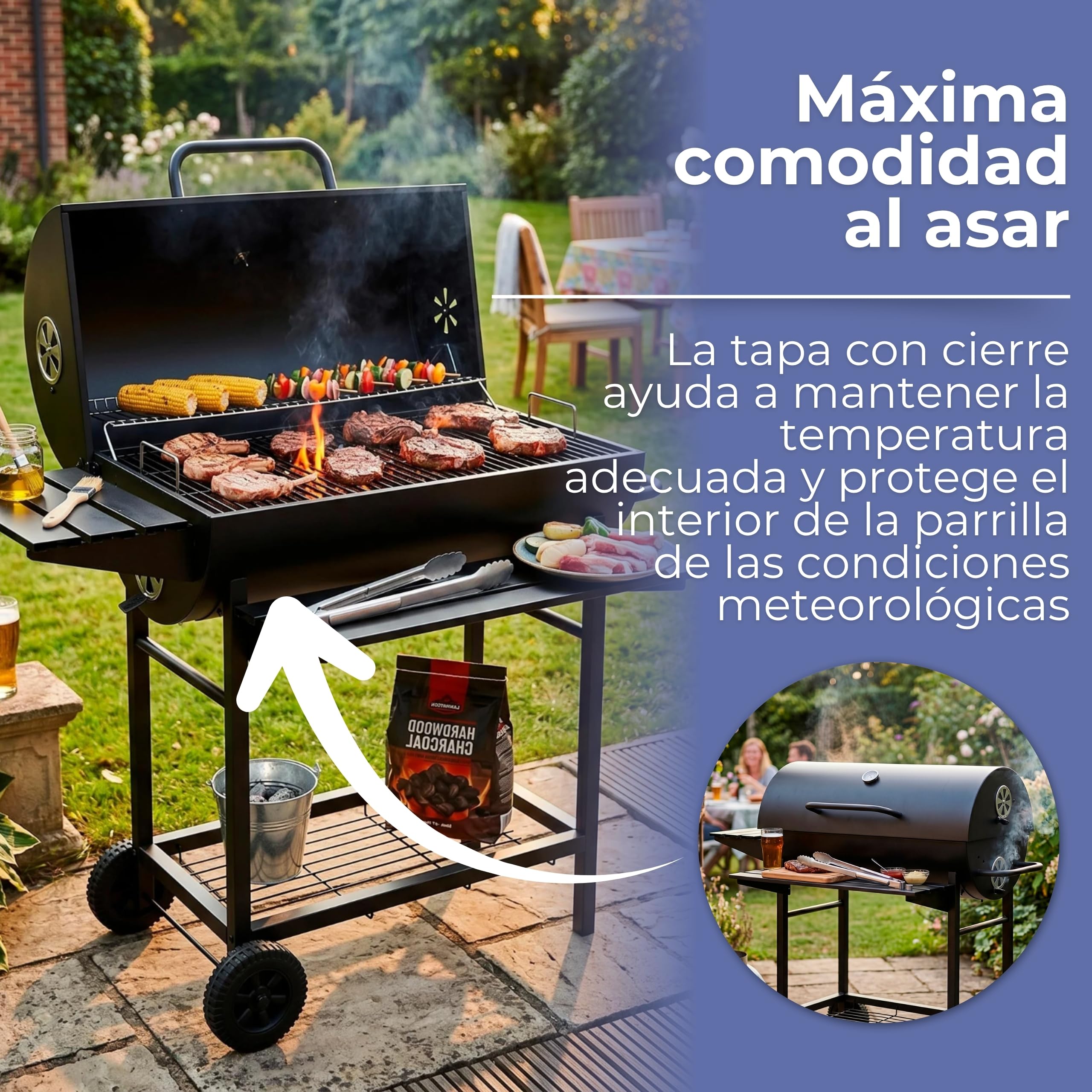 Springos Barbacoa de carbón vegetal con ruedas, bandeja de carbón ajustable en altura, termómetro, rejilla para calentar el calor, estantes laterales, barbacoa, ahumador, barbacoa de jardín para