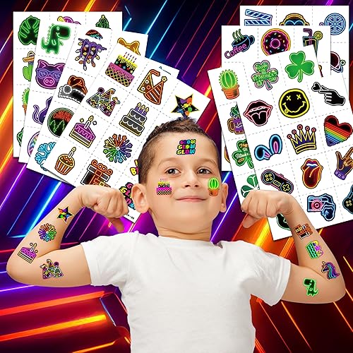 Miniatura 2 de Decoración de fiesta de cumpleaños con temática de tatuajes temporales de neón suministros de decoración de recuerdos de 96 piezas 8 hojas bonitas