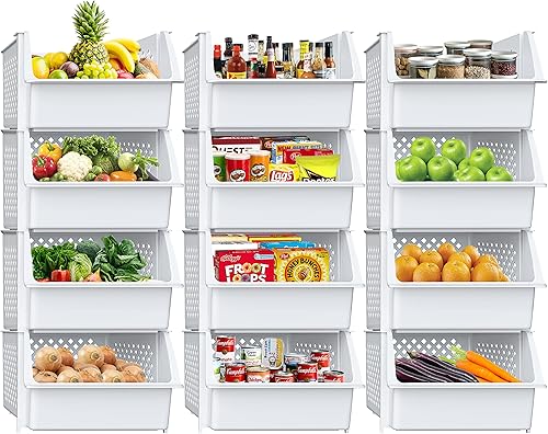 Skywin Contenedores de almacenamiento apilables de plástico para despensa, paquete de 12 contenedores apilables blancos para organizar alimentos,