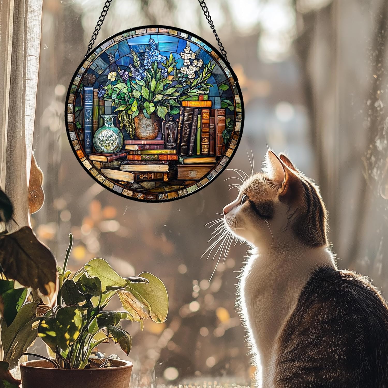 Stained Glass Window Hanging Teal Flower Vintage Books Large 11.8" - Blue Suncatcher Door Garden Sun Catcher Home Decor Birthday Christmas for Mom Men Woman Nana Friend