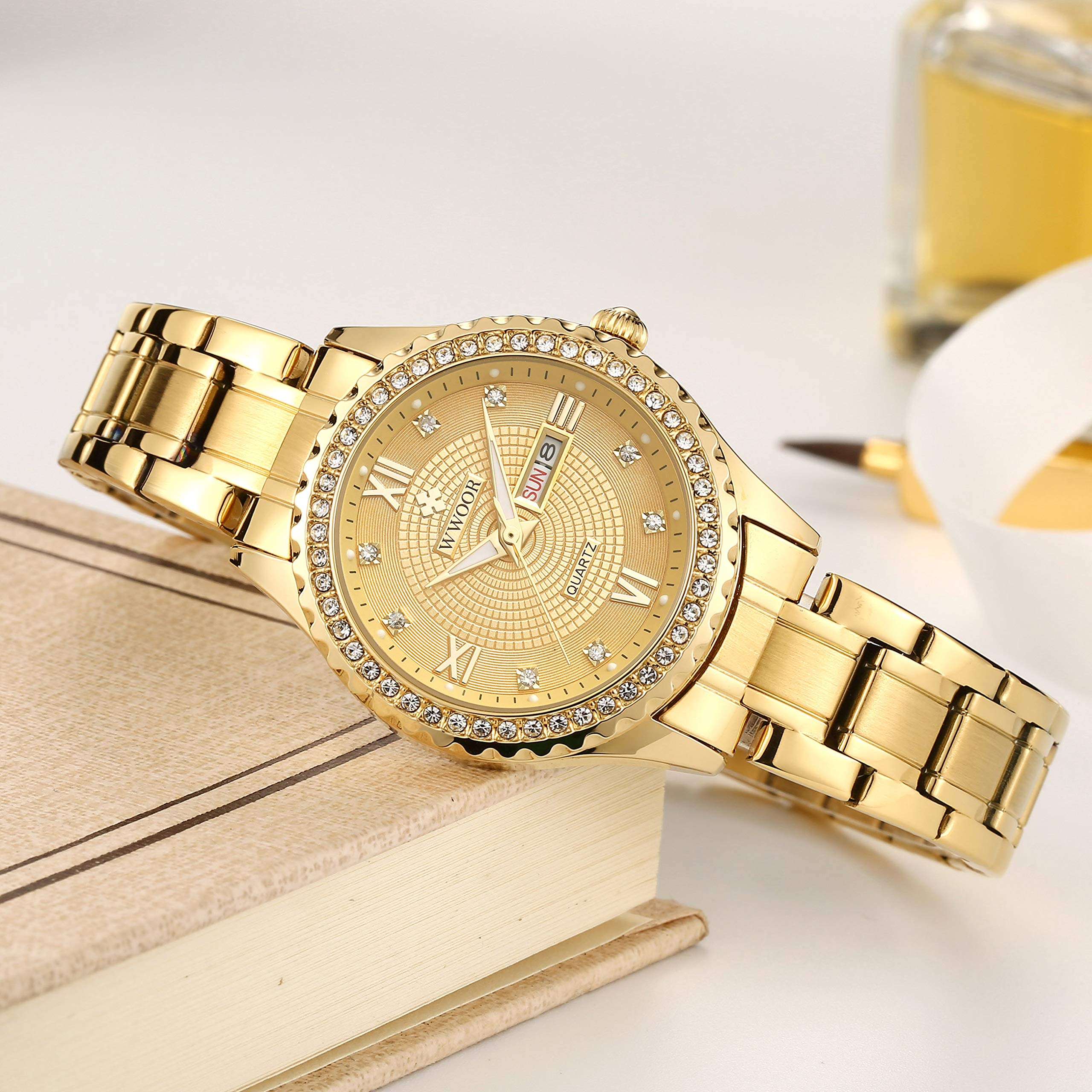 WWOOR Orologio da polso da uomo e donna, alla moda, di lusso, originale, analogico, al quarzo, impermeabile, con data, in acciaio inox, casual, regalo (oro, nero, argento)