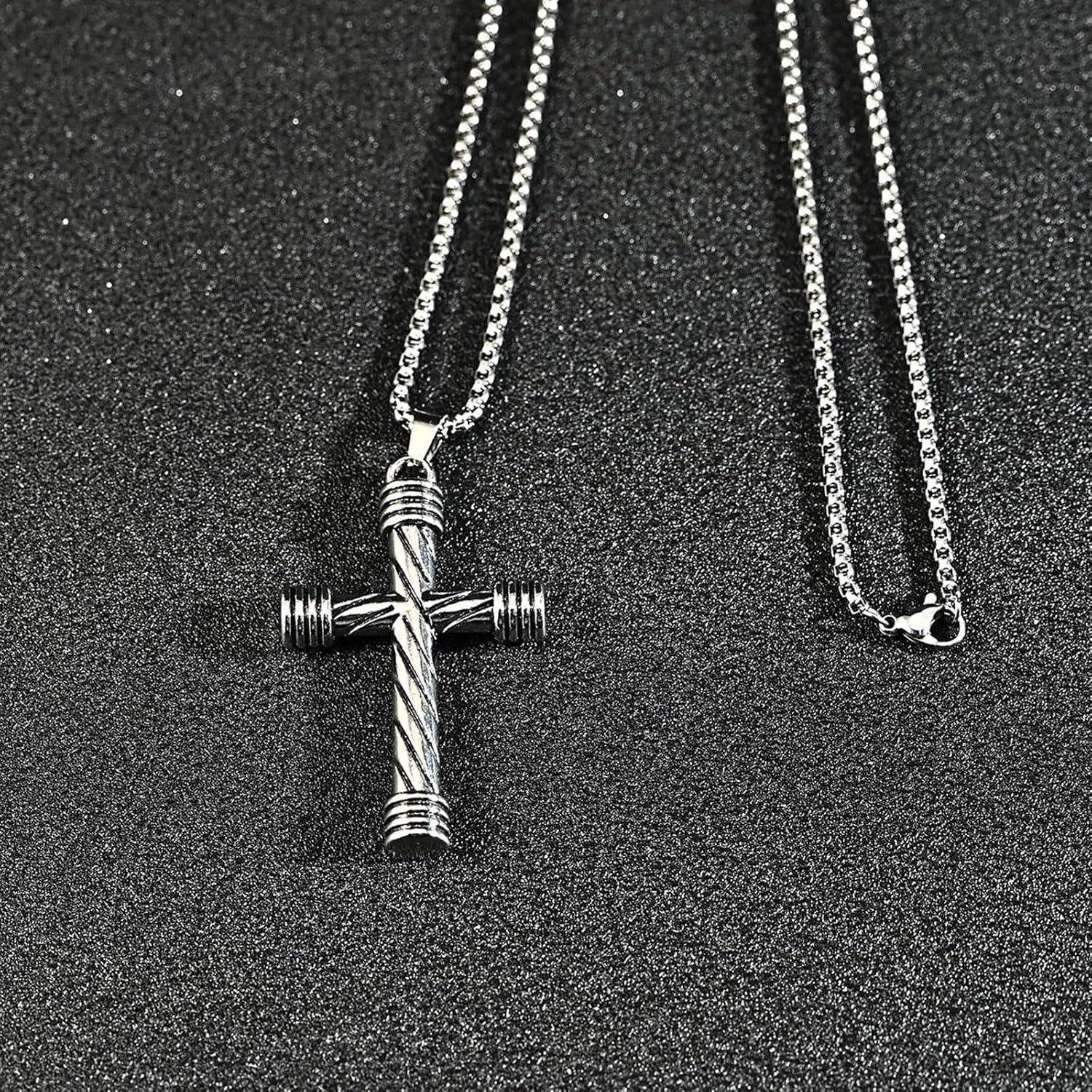 Stainless Steel Cross Pendant Necklace for Men, 24inch Vintage Silver-tone Christian Pendant Chain Hypoallergenic Cross Jewelry for Men Son Grandson Gift for Birthday Religious Valentines Day - Image 7