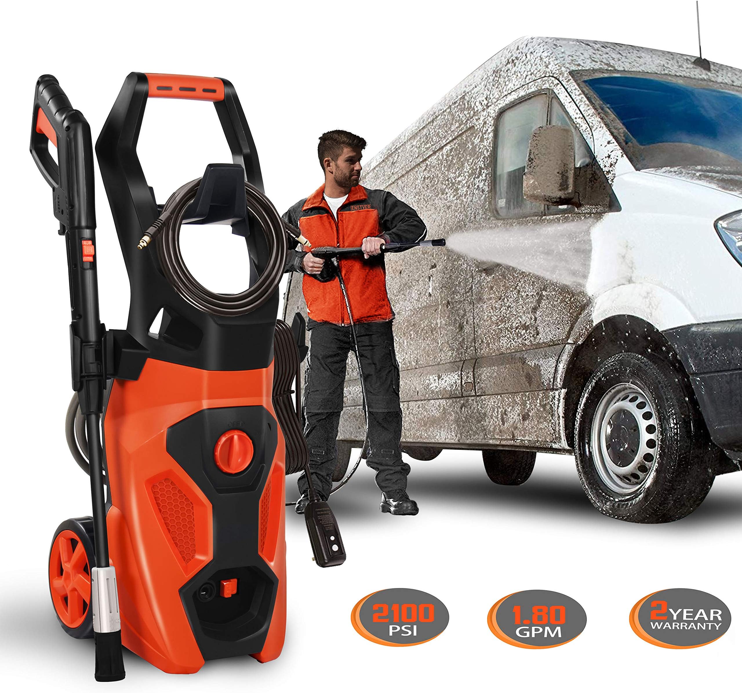 ENSTVER Electric Power Washer,2100PSI 1.8 GPM Pressure Cleaner Machine with Spray Gun,Spray Brush,Adjustable Nozzles and Onboard Detergent Tank- Orange