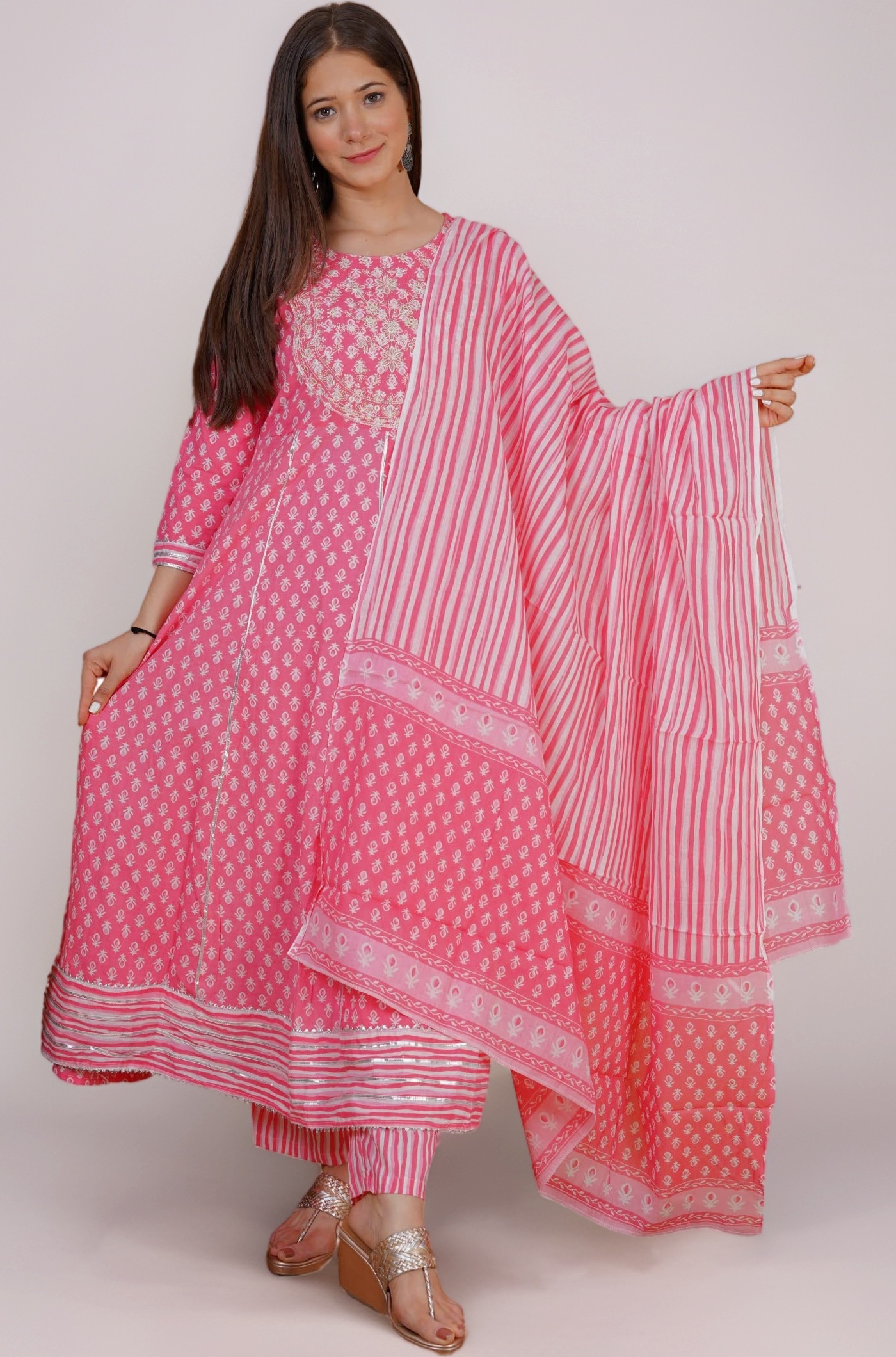 MEERA FAB Women's Cotton Printed Anarkali Kurta With Palazzo & Dupatta Set With Handwork