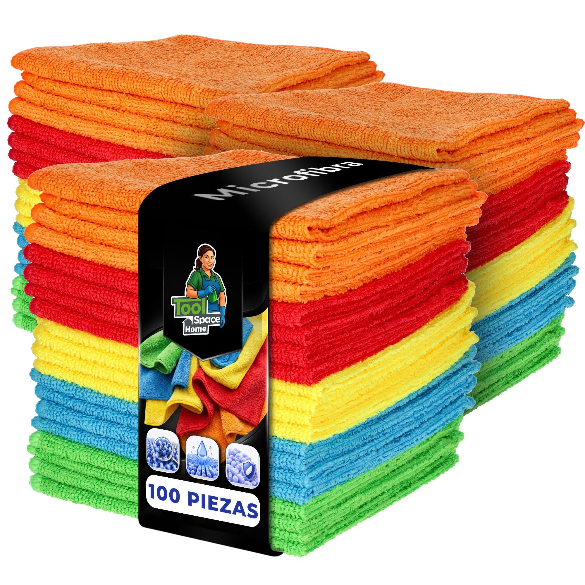 ToolSpace Paños de Microfibra 30x30 cm 100 Unidades 240 gsm para Coche Cocina Baño Cristales Espejos Muebles Suaves Absorbentes Reutilizables Sin Rayas Microfibra 80/20 Multicolor Limpieza Hogar